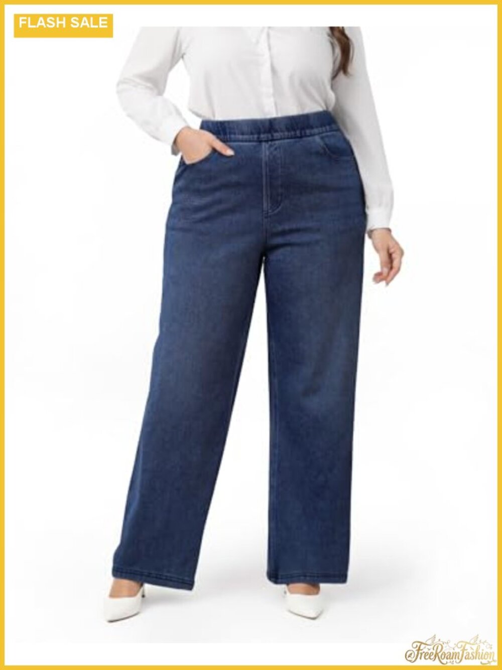 High Rise Wide Leg Pull On Jeans with Elastic Waist Tummy Control